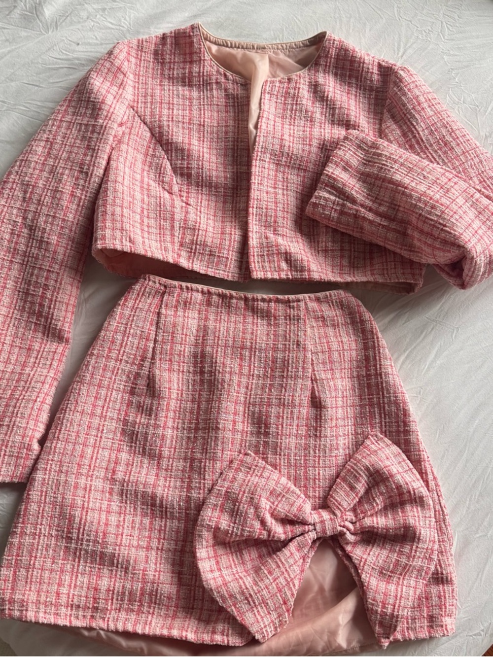 Pink Tweed Top & Skirt Set with Bow - Picture 3 of 7